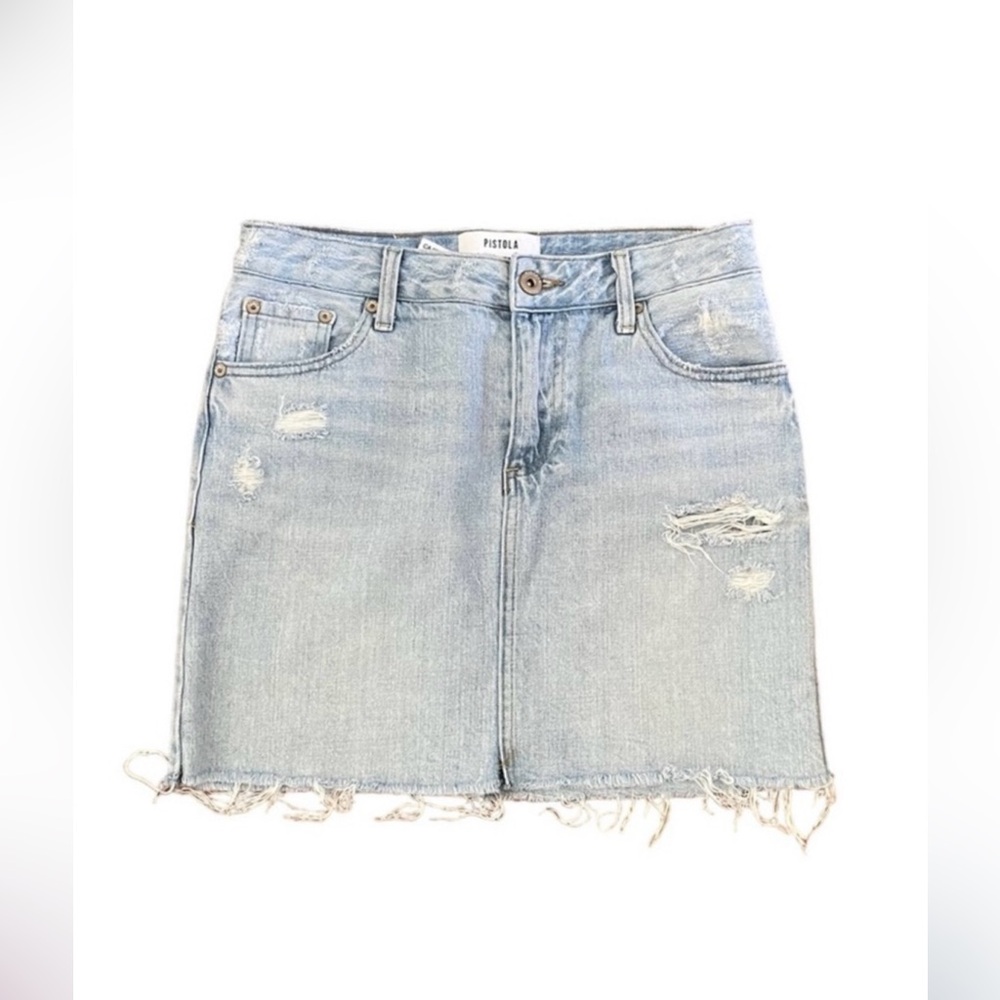 Pistola bohemian light wash cowgirl distressed denim blue jean skirt 26 waist